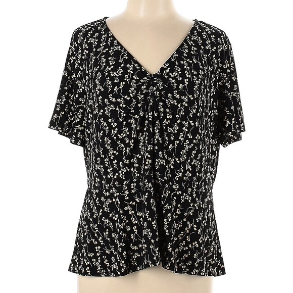 Halogen Short Sleeve Top Black Floral V Neck Ruched Large - Picture 1 of 5